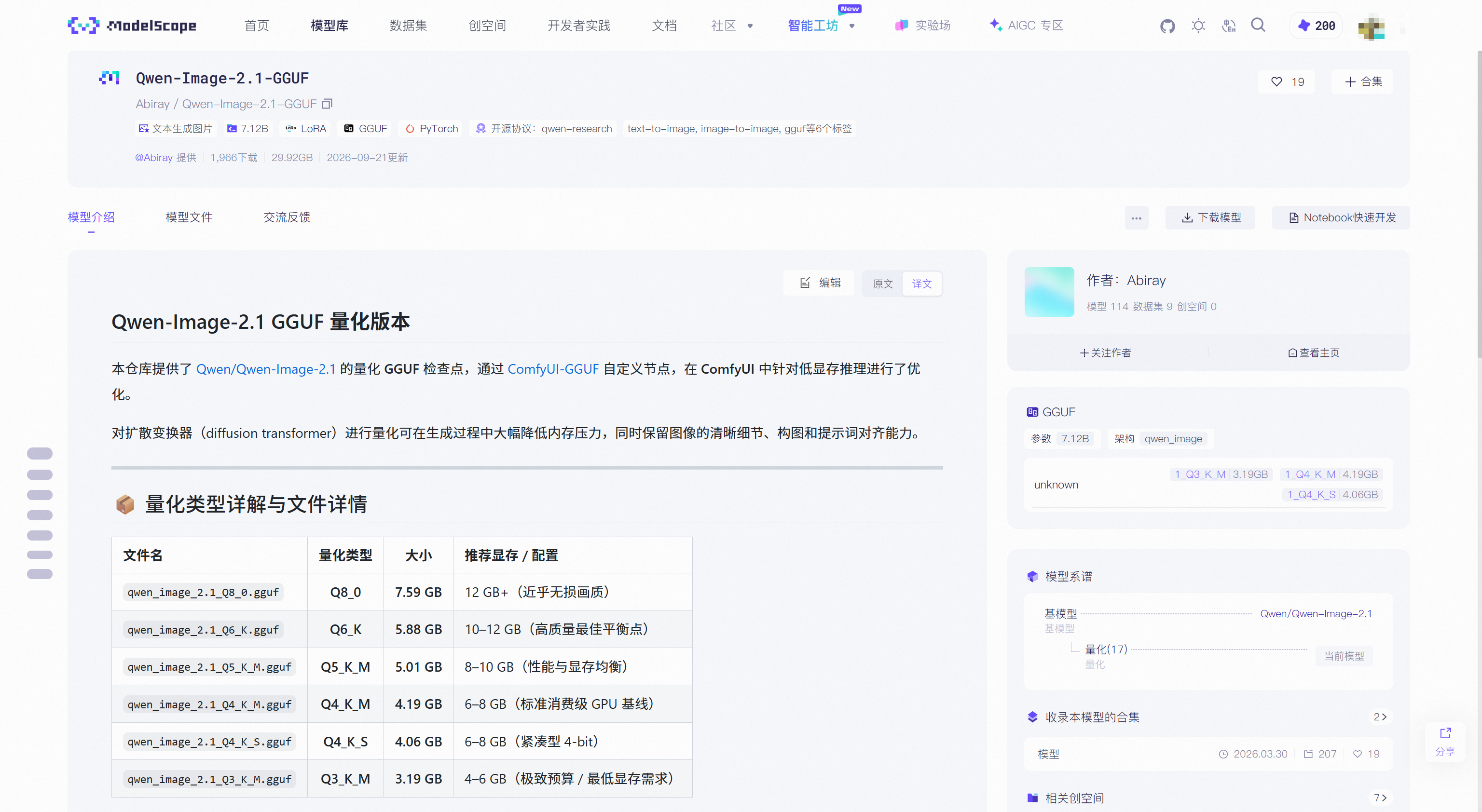 图：各量化档位的体积和建议显存